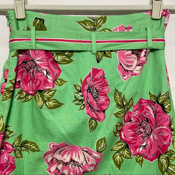 TIBI COTTON GREEN PINK FLORAL FLOWERS TIE WAIST SKIRT - Picture 7 of 15